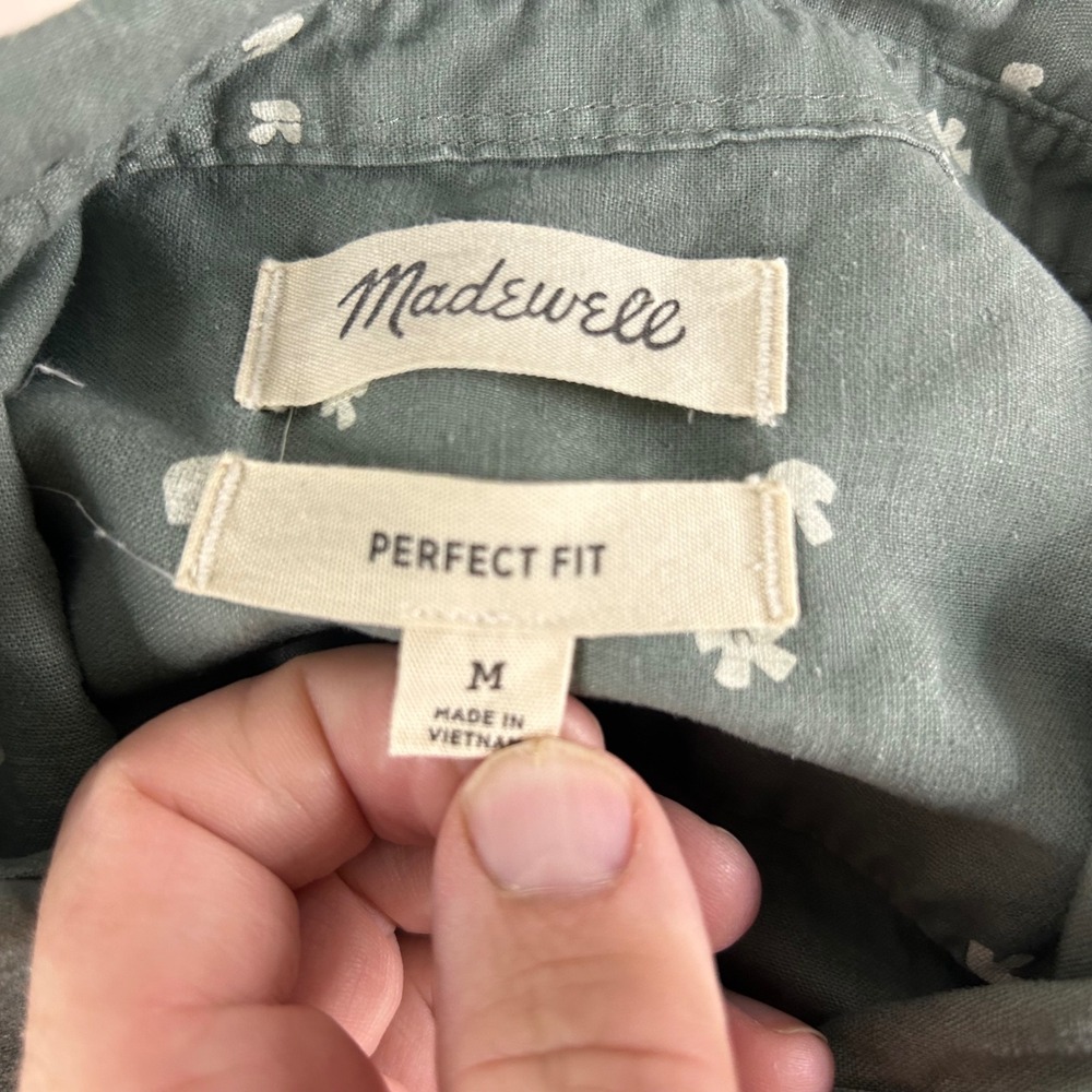 Madewell Medium Perfect Fit Button Front Shirt Green Mushroom Floral Hemp Blend - Picture 3 of 7